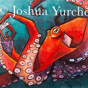 May include: A vibrant painting of an octopus with red, orange, and white tentacles. The octopus is surrounded by a teal blue background. The artist's signature is visible in the bottom right corner.