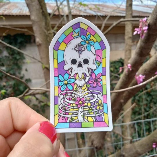 Stain glass surreal skeleton and smiley face flowers vinyl stickers/weatherproof and dishwasher safe/whimsical colorful gothic/fantasy