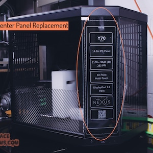 May include: A black Hyte Y70 centre panel replacement. The panel features a 14.1-inch IPS panel, 1100x3840 resolution, and 10-point multi-touch capabilities. It includes a DisplayPort 1.2 input and is branded with the Nexus logo.