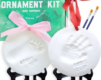 DIY Baby Footprint & Handprint Clay Ornament Kit - Holiday or Everyday Gift for New Mom, Newborn Keepsake - w/ Paints and Letters. Set of 2