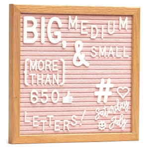 Pink Felt Letter Board w/ Rustic Frame 10x10 + Built-in Stand, Cursive Words, Emojis, with White Letters in 3 Font Size, Letterboard Kit