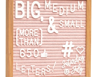Pink Felt Letter Board w/ Rustic Frame 10x10 + Built-in Stand, Cursive Words, Emojis, with White Letters in 3 Font Size, Letterboard Kit