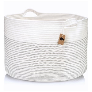 EXTRA Large Woven Cotton Rope Basket, XXL Blanket & Pillow Storage, Nursery Toy Organizer, Decorative Laundry Hamper - 22&quot;x14&quot; (Ivory)