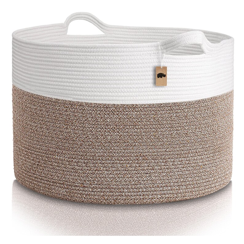 EXTRA Large Blanket Basket for Nursery or Living Room - Woven Cotton Rope Laundry Hamper - XXL 22x14 Pillow Storage Basket (White & Brown)