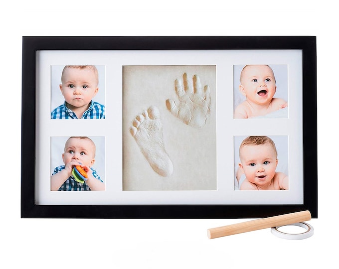 DELUXE Baby Handprint & Footprint Picture Frame, Newborn Keepsake Kit | Baby Shower Gift, Infant Hand Foot Print, Nursery Decor (Black)