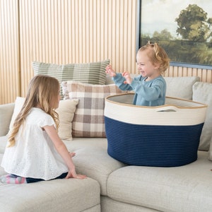 EXTRA Large Blanket Basket for Nursery or Living Room Woven Cotton Rope Laundry Hamper XXL 22x14 Pillow Storage Basket Navy Blue 画像 4