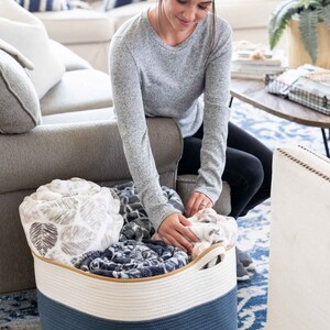 EXTRA Large Blanket Basket for Nursery or Living Room Woven Cotton Rope Laundry Hamper XXL 22x14 Pillow Storage Basket Navy Blue 画像 3