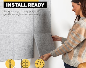 Marble Gray Felt Wall Tiles, Self-Adhesive Pin Board, Customizable Bulletin Board, Fabric Memo Board, Set of 15 Peel & Stick Tiles, Heather