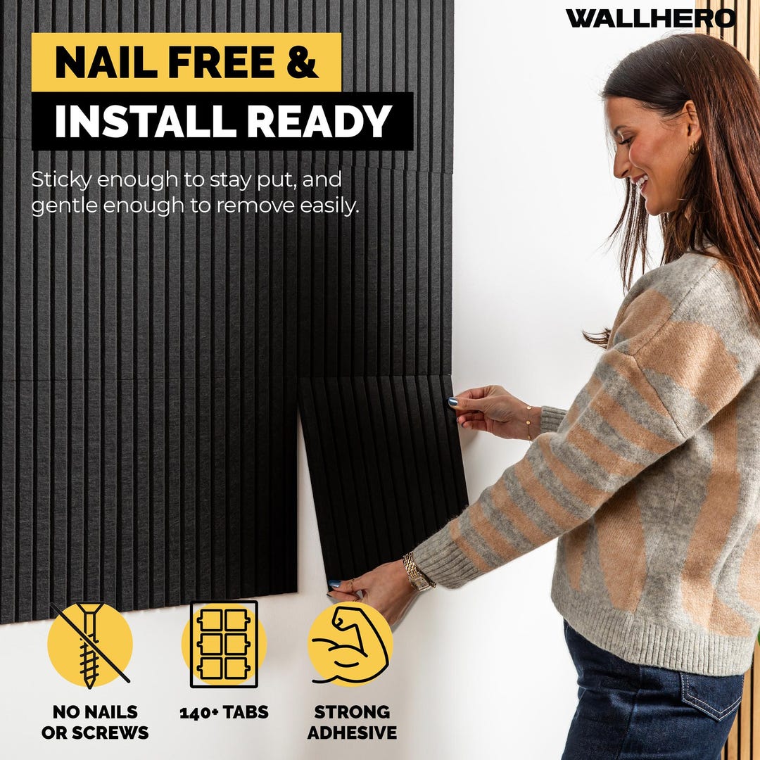 Black (Slats) Felt Wall Tiles, Self-Adhesive Pin Board, Customizable Bulletin Board Decor, Fabric Memo Board, Set of 15 Peel & Stick Tiles