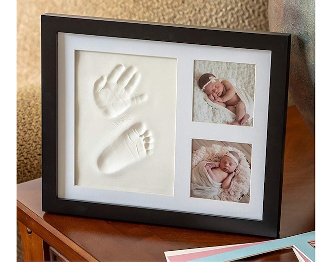 Baby Handprint & Footprint Picture Frame, Newborn Keepsake Kit for Baby Shower Gift, Infant Clay Hand Print, Boy Girl Nursery Decor (Black)