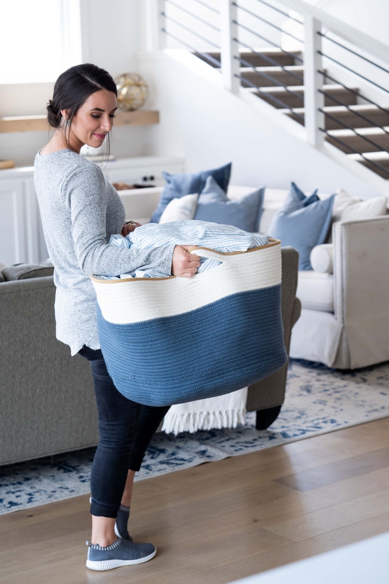 EXTRA Large Blanket Basket for Nursery or Living Room Woven Cotton Rope Laundry Hamper XXL 22x14 Pillow Storage Basket Navy Blue image 2