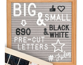 Gray 10x10 Felt Letter Board + Stand, Cursive Words, Emojis, Black & White Letters with Organizer Box! Deluxe Letterboard Kit (Oak Frame)