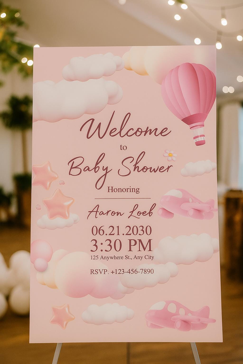 PVC Baby Shower Welcome Sign, Pink Floral Girl Clothesline UV Printing