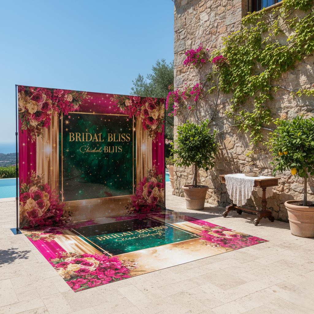 Custom Floral Bridal Shower Backdrop with Matching Floor Decal