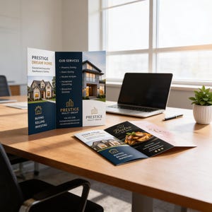 May include: A wooden desk displays real estate brochures and a laptop. The brochures feature images of houses and the text "PRESTIGE DREAM HOME" and "PRESTIGE REALTY GROUP". A small potted plant and a pen are also on the desk.