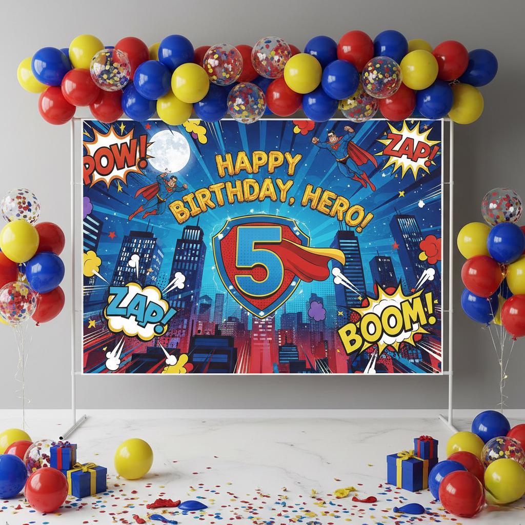 Custom Superhero Birthday Backdrop, Personalized Party Banner
