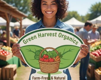 May include: A white, semi-circular sign featuring the text Green Harvest Organics at the top and Farm-Fresh & Natural at the bottom. The center displays a brown woven basket filled with red tomatoes, green leafy vegetables, and orange carrots.