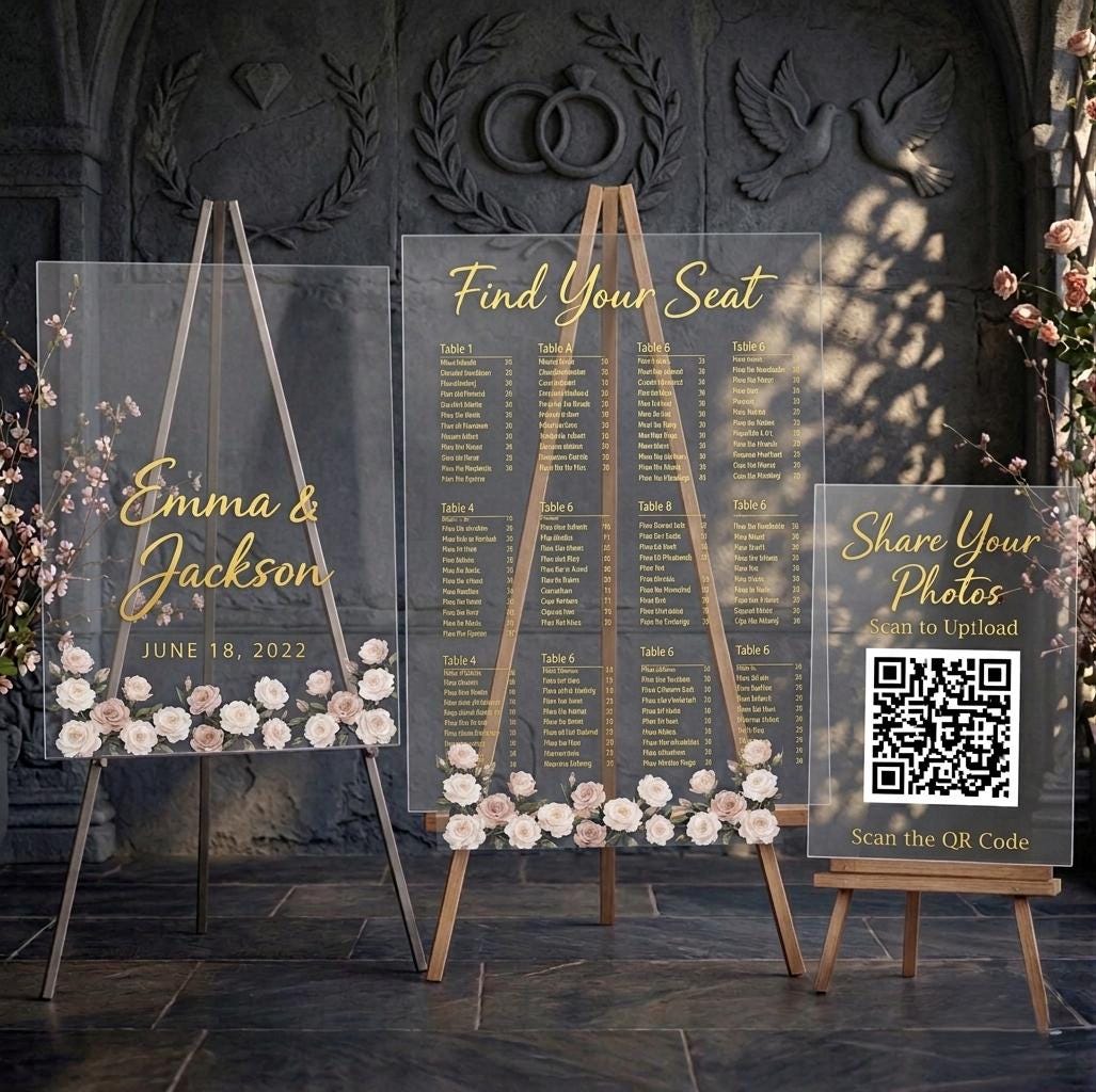 Elegant Floral Acrylic Wedding Sign Bundle: Welcome, Seating Chart,...