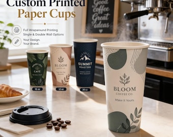 Custom Printed Paper Cups, Full Wraparound Logo Branding, Business Coffee Packaging