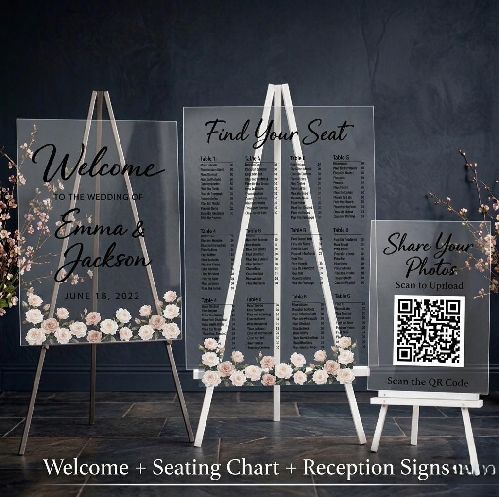 Elegant Acrylic Wedding Welcome Sign, Seating Chart, QR Code Photo ...