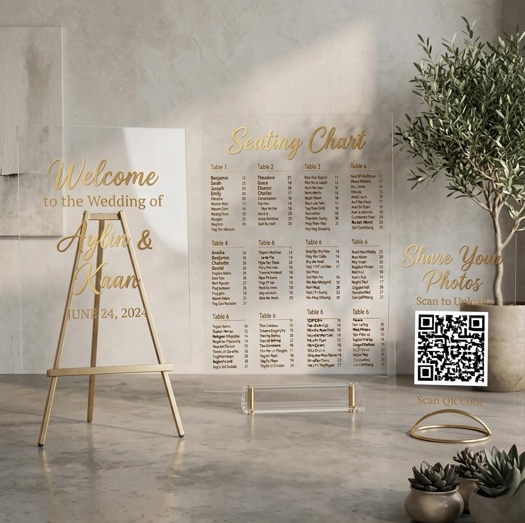Wedding Acrylic Sign Bundle: Welcome, Seating Chart, QR Code Recept...