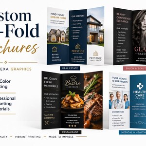 May include: Custom tri-fold brochures with examples for real estate, restaurants, and salons. The brochures feature full-color printing and professional marketing materials. The image includes the text "Custom Tri-Fold Brochures by Nexa Graphics."