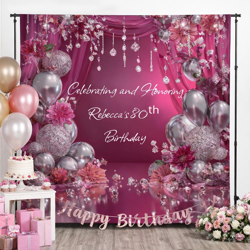 Pink Silver Birthday Banner, Elegant 80th Birthday Party Background...
