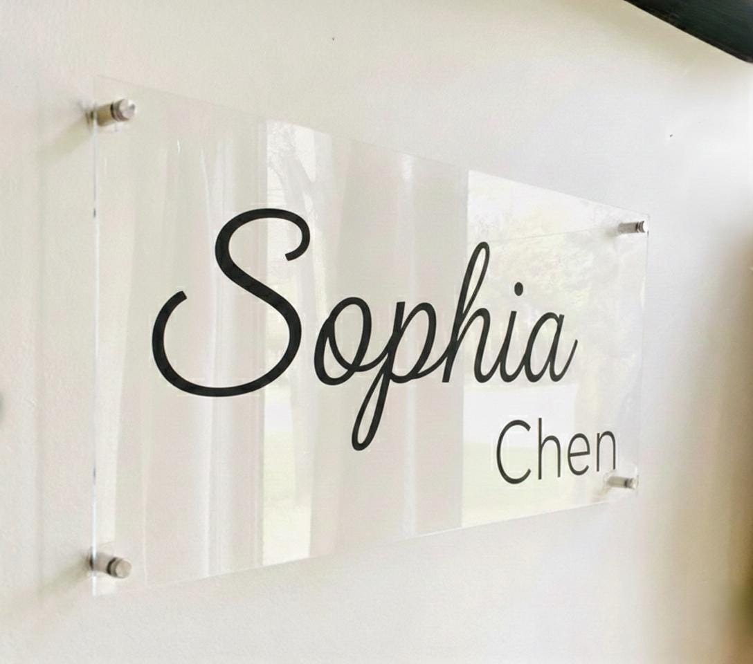 Personalized Office Sign , Clear Acrylic , Floating Steel Mount