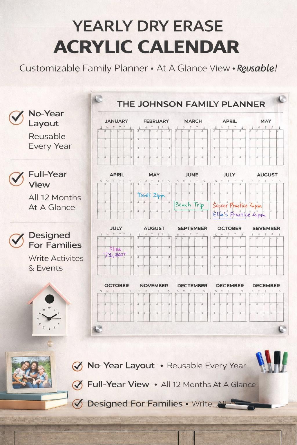 2026 Large Yearly Wall Planner , Acrylic , Dusty Boho Design for Ho...