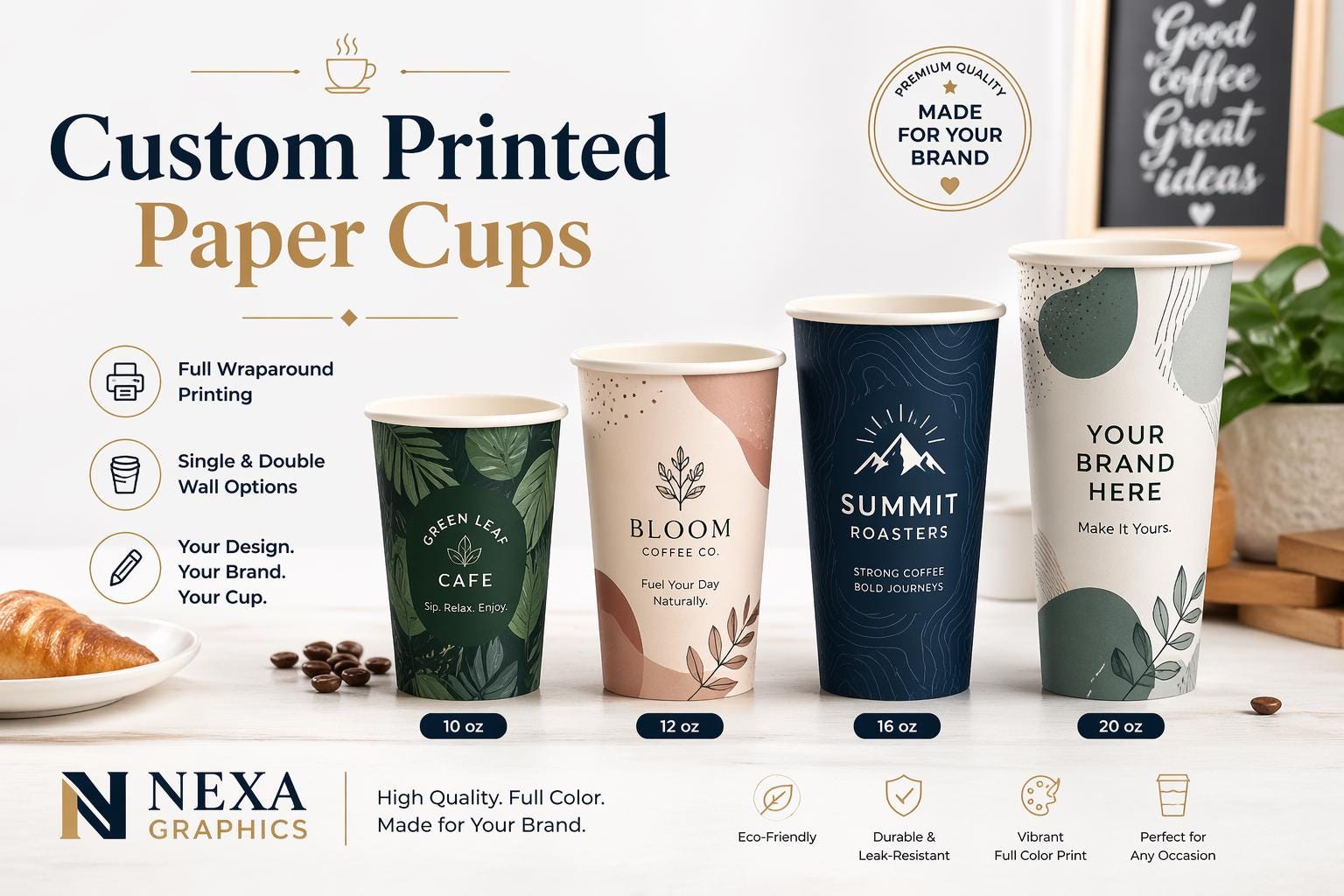 Branded Paper Coffee Cups, Full Color Wraparound (10oz-20oz Sizes)