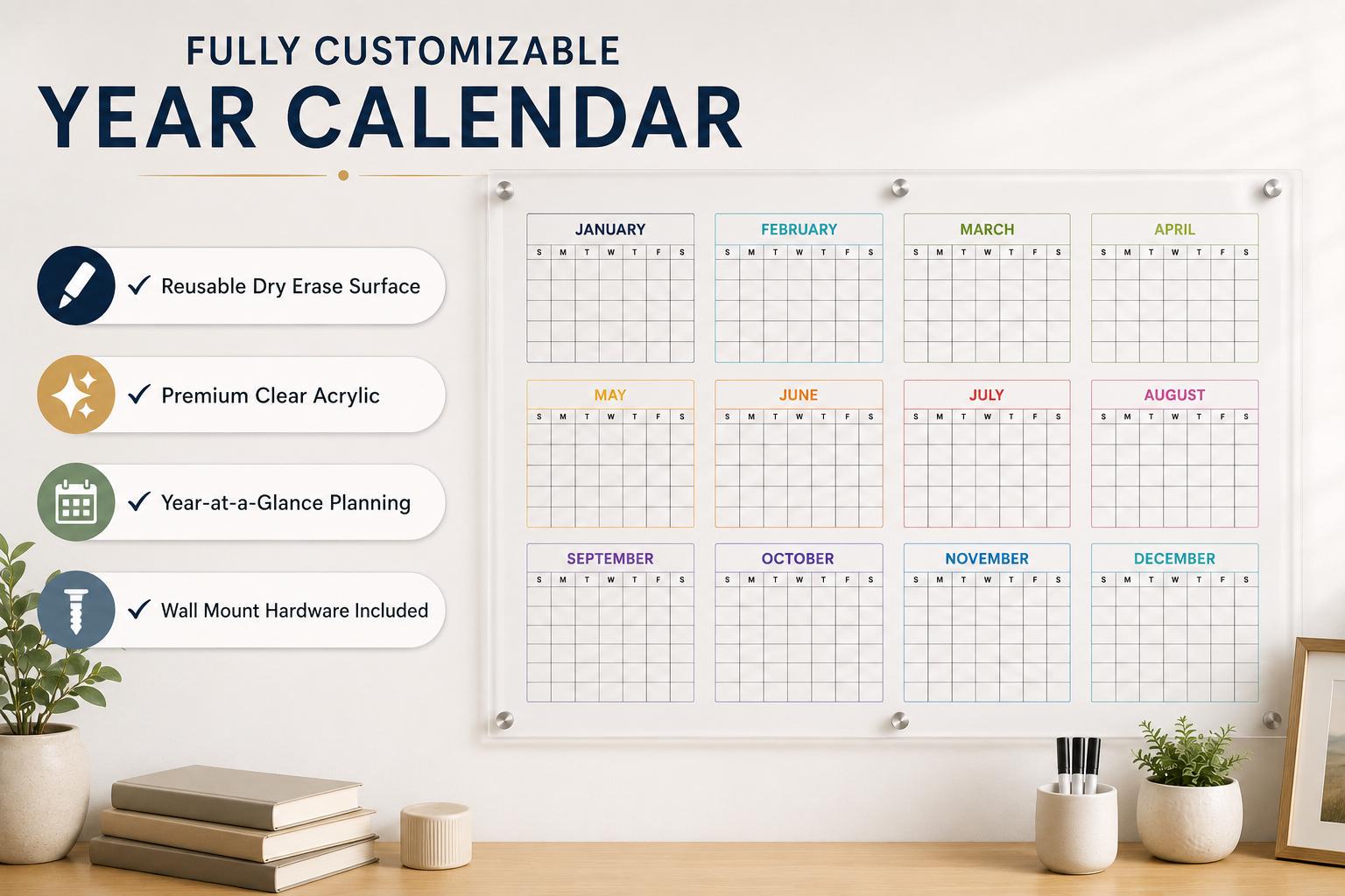 Yearly Dry Erase Acrylic Calendar , Large Wall Planner At-A-Glance