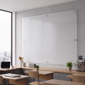May include: A large, rectangular, frameless glass whiteboard mounted on a gray wall. The board features a smooth, semi-transparent surface secured by silver-toned metal standoffs at the corners and edges, providing a clean, modern writing area.