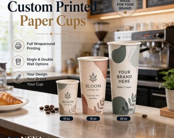 Custom Printed Paper Cups: Full Wraparound Logo Branding (10-20 oz)