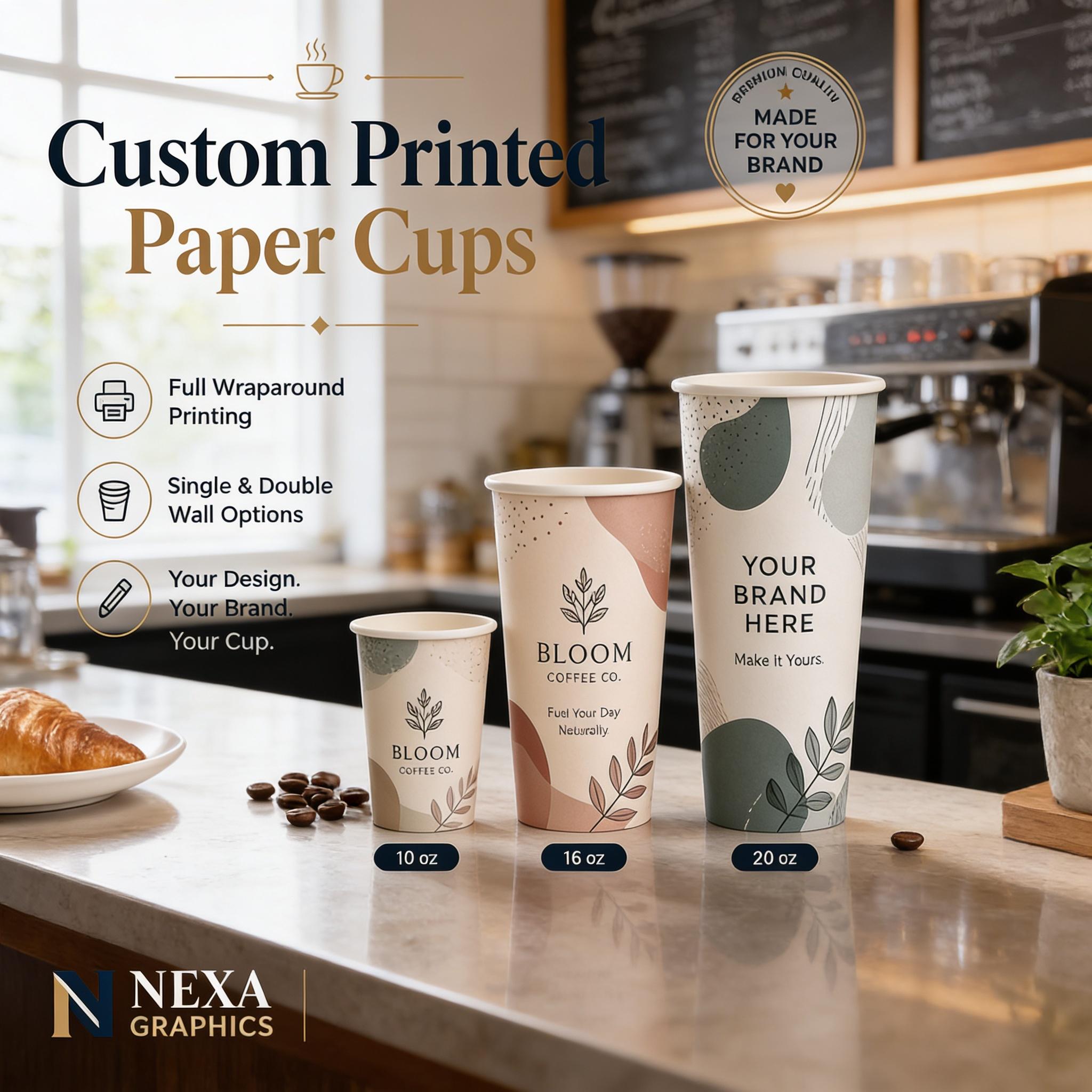 Custom Printed Paper Cups: Full Wraparound Logo Branding (10-20 oz)