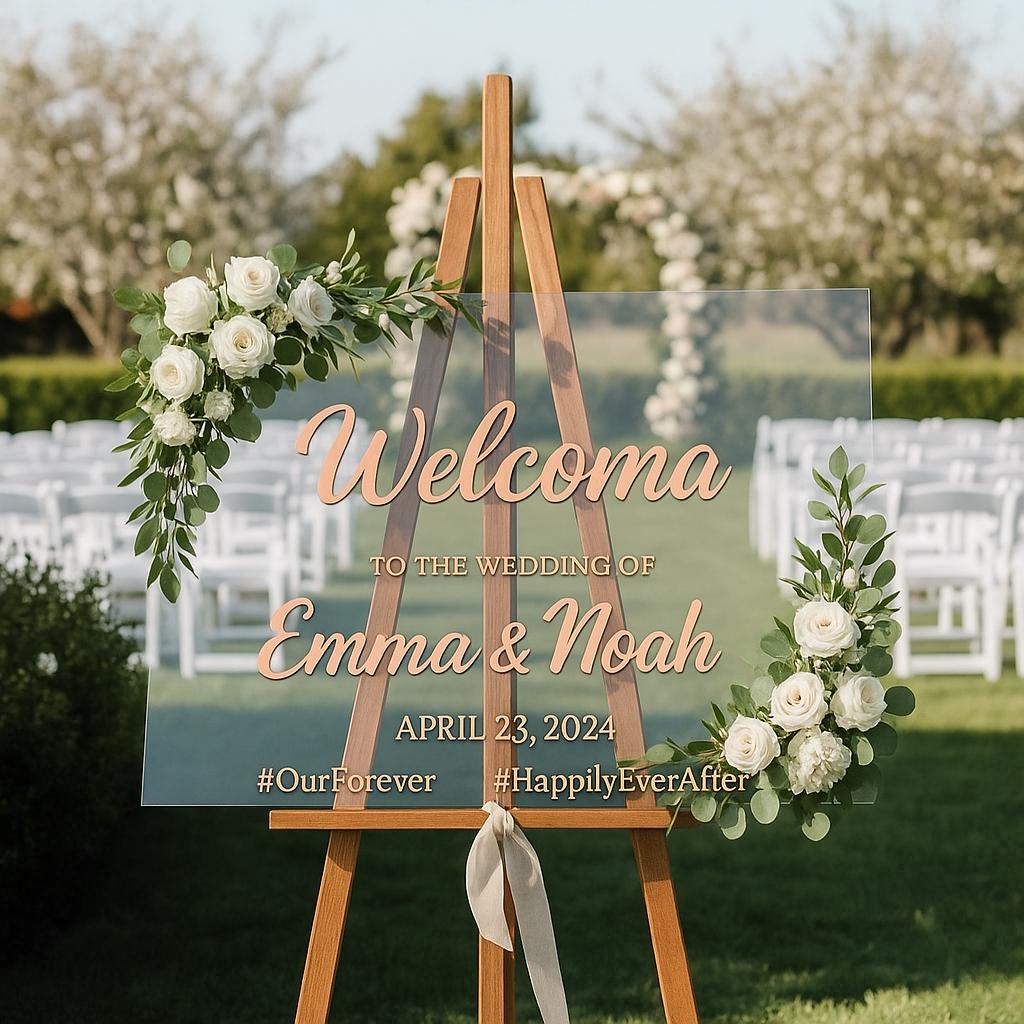 Wedding Welcome Sign: Clear Acrylic, Custom Names - Elegant Recepti...