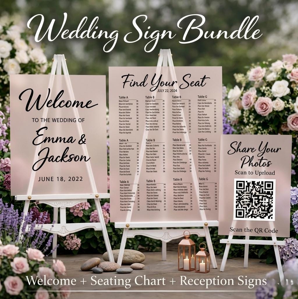 Wedding Sign Bundle, Welcome, Seating Chart, QR Code Reception Acry...