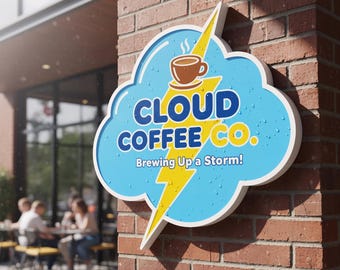 May include: A cloud-shaped sign mounted on a brick wall featuring a blue background, a yellow lightning bolt, and a brown coffee cup icon. The text reads CLOUD COFFEE CO. and Brewing Up a Storm! The surface of the sign has small water droplets.