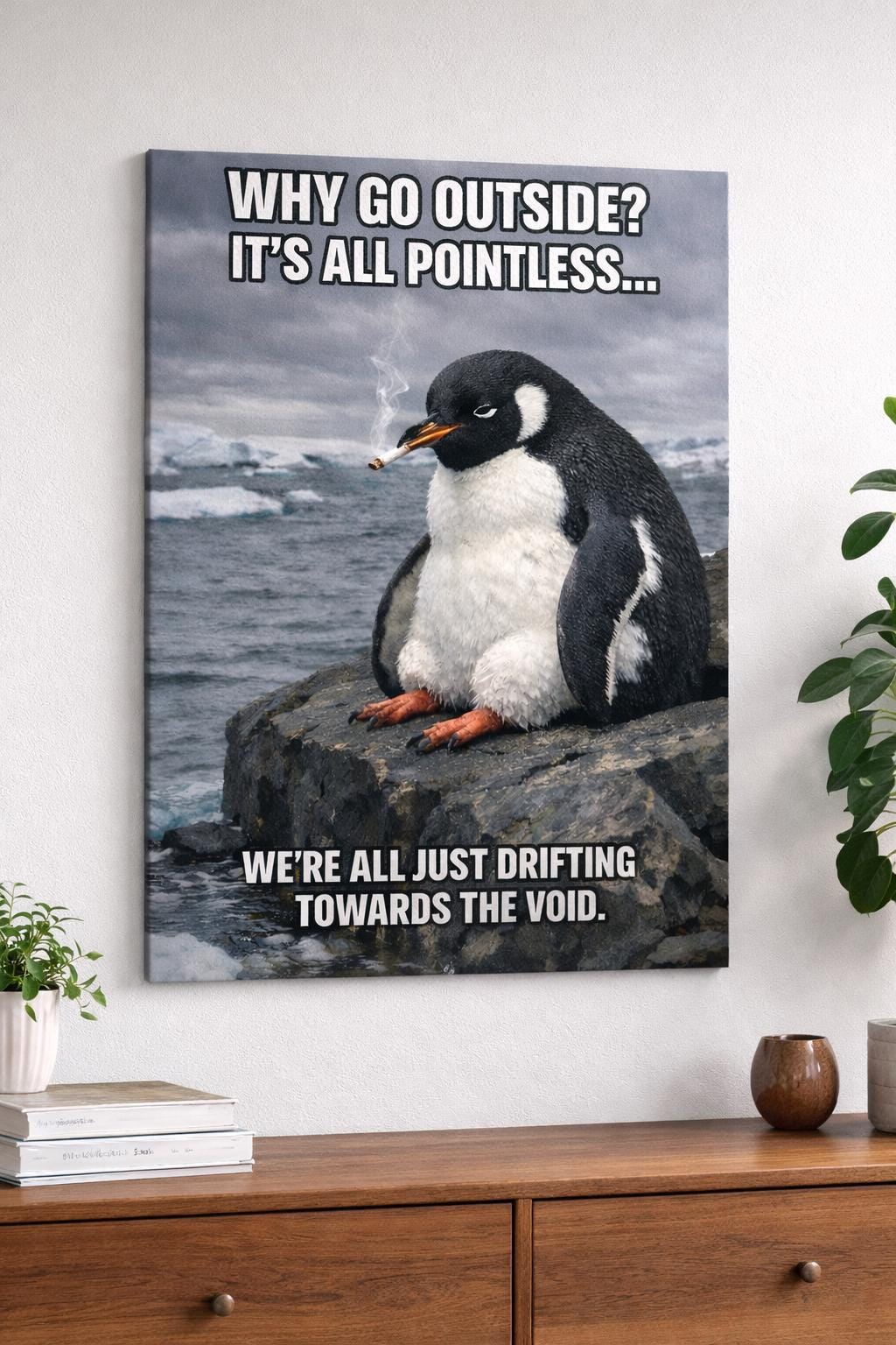 Nihilist Penguin Meme Canvas Print, Funny Sarcastic Wall Art