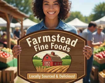 May include: A wooden sign with a dark brown border featuring the text Farmstead Fine Foods in cream letters. Below, a graphic shows a red barn in a field with wheat. A banner at the bottom reads Locally Sourced & Delicious!