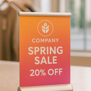 May include: A small, rectangular sign with a gradient background of orange to pink. The sign reads "COMPANY SPRING SALE 20% OFF" in white text. A white leaf logo is at the top. The sign is in a silver metal frame.