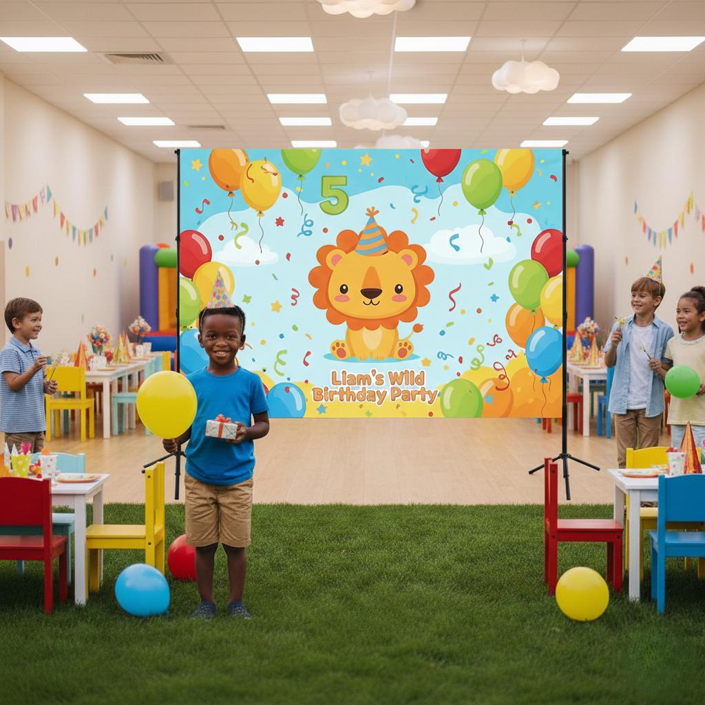 Kids Birthday Party Backdrop Banner, Custom Text for Your Party