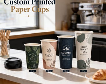 Branded Paper Coffee Cups, Custom Logo Wraparound (10oz-20oz Sizes)