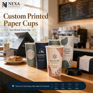 May include: A display of custom printed paper cups in various sizes, showcasing different brand designs. The cups feature logos and text, including "LEAF & LATTE," "SUMMIT ROASTERS," and "BLOOM COFFEE CO." The image also includes a black lid and a napkin holder.