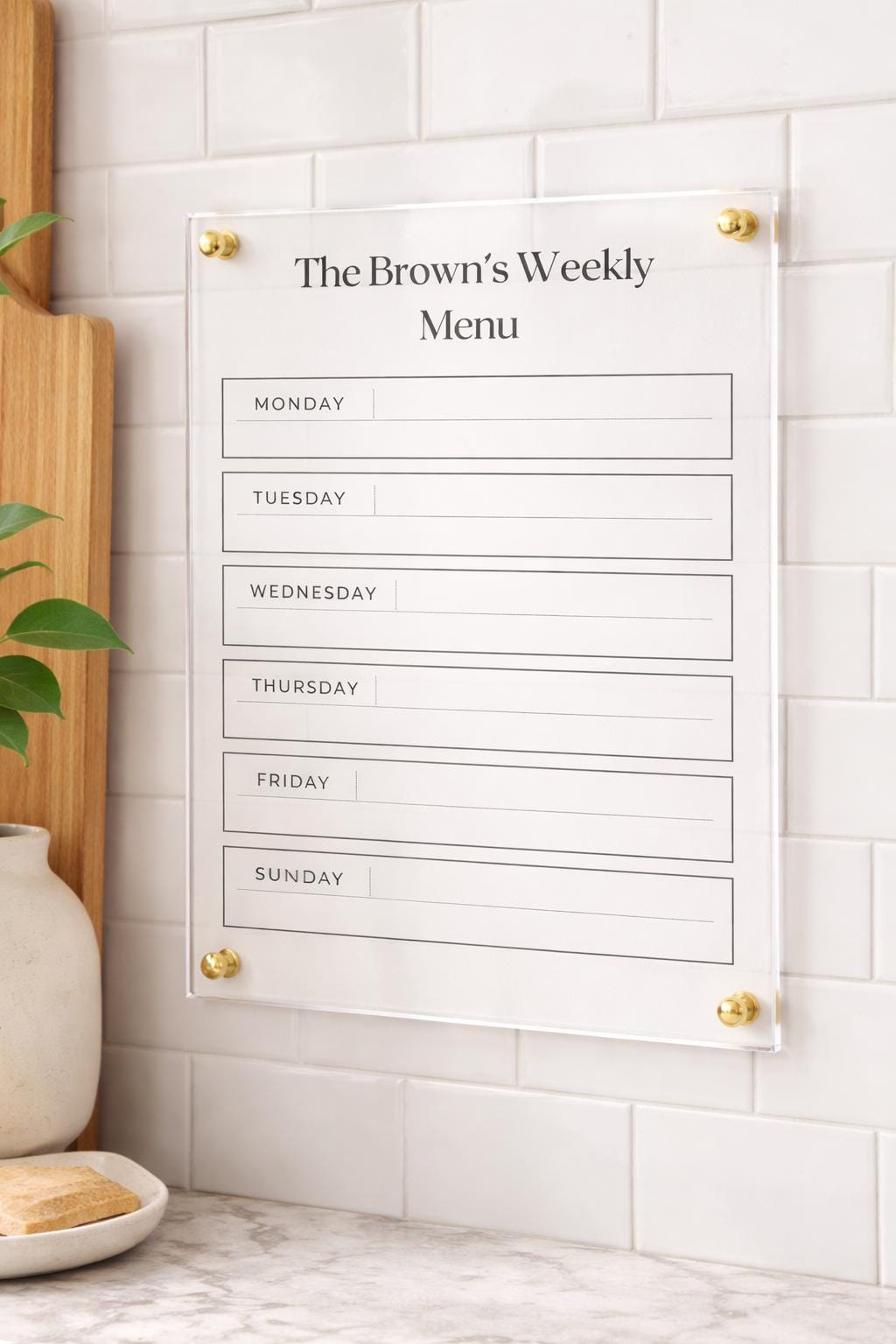 Acrylic Weekly Menu Board, Gold Standoffs, Kitchen Meal Planner