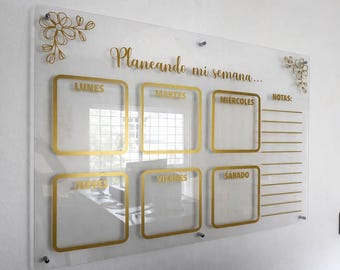 Acrylic Weekly Planner Board, Gold Floral Design, Modern Office Organizer