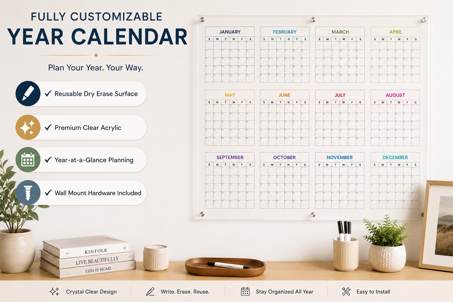 Fully Custom Yearly Dry Erase Acrylic Calendar , Large Wall Planner...