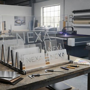 May include: A metal rack holding multiple clear and frosted acrylic sheets, each featuring the word NEXA in a bold, sans-serif font. The rack sits on a wooden workbench alongside metal calipers, utility knives, and a color swatch fan deck.