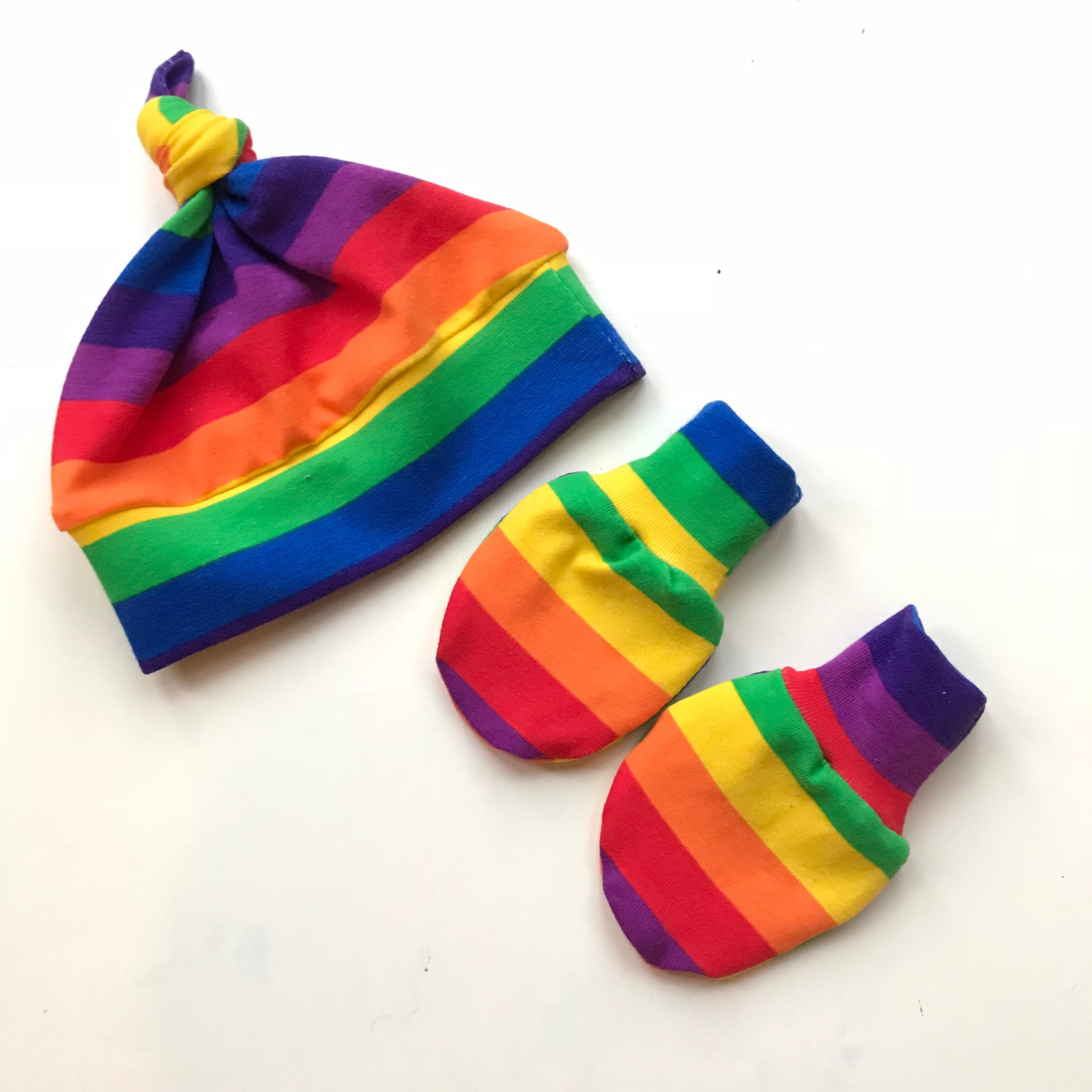 Mitten and Booties Set 100% cotton Rainbow Print Newborn Baby Hat Gift for baby Boy or Girl