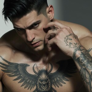 May include: A muscular individual with dark hair and a short, groomed hairstyle. The chest features a large, detailed black ink tattoo of a winged creature with horns. Both arms are covered in intricate, dark, illustrative style tattoos.