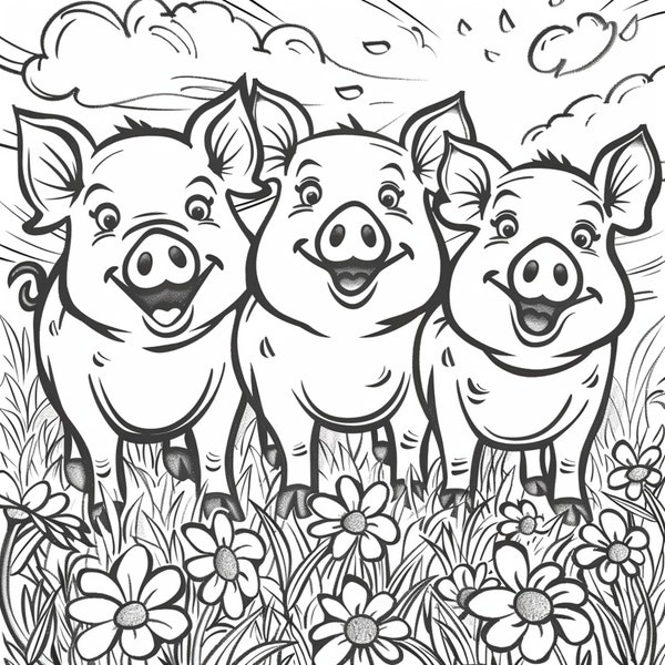 Happy Pigs Series Digitaal kleurboek - Direct downloaden - 4 grappige afbeeldingen om in te kleuren